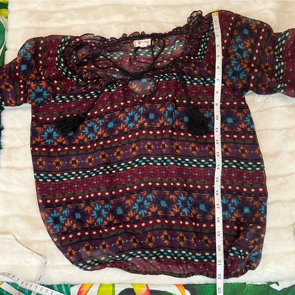 Olsenboye Small Red Black Sheer Boho Cropped Spring Summer Fall Blouse - Picture 6 of 6